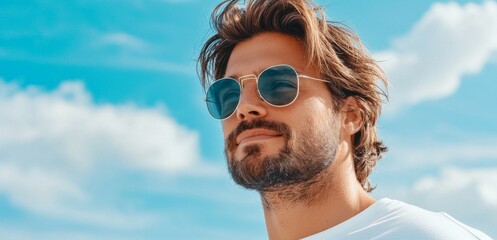 Young Man with Stylish Sunglasses Against a Bright Blue Sky