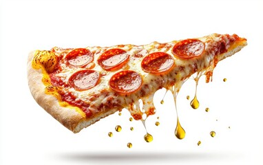A hot pepperoni pizza slice floating mid-air with golden olive oil droplets glistening around it on a white background