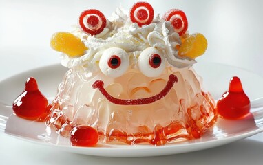 Obraz premium A jelly dessert styled as a face, with candy eyes, a licorice smile, and whipped cream for hair on a clean white surface