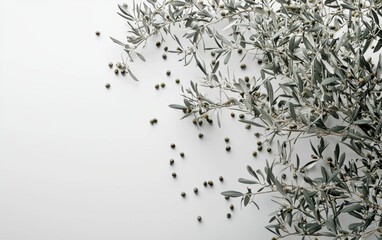 A lush olive tree with silvery leaves and tiny olives scattered on its branches on a clean white backdrop