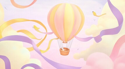 Pastel Hot Air Balloon Soaring Through a Dreamy Sky Filled With Clouds and Ribbons