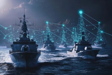 Naval fleet engaging in advanced digital operations at sea during night