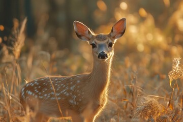 White-tailed deer fawn standing in golden meadow at sunset