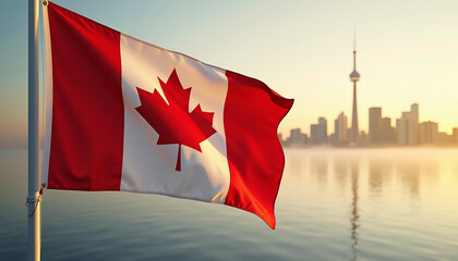 Majestic Canadian Flag at Sunrise over Toronto