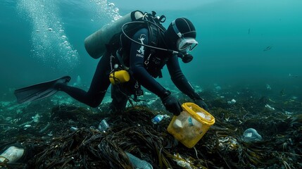 A scuba diver collects trash underwater, highlighting marine pollution and the importance of ocean conservation efforts.