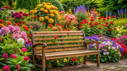Obraz premium A cluster of colorful flowers blooming around a wooden garden bench, surrounded by lush greenery , floralarrangement