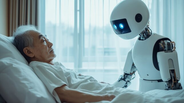 Robot medical doctor diagnosing a old patient who is lying in bed. 