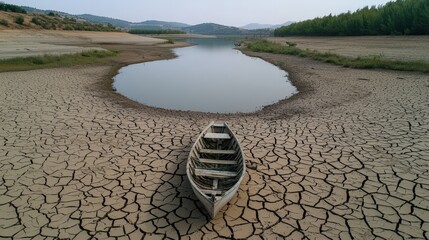 A solitary boat rests on cracked earth, surrounded by a shrinking water body, showcasing the impact of drought and environmental change.
