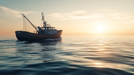 A large fishing boat sailing calmly through the open sea