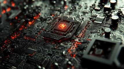 Close-up view of a high-tech computer motherboard featuring intricate circuitry, microchips, and electronic components, showcasing advanced technology and engineering details for futuristic digital ba