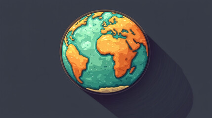 Naklejka premium Pixel Earth: A stylized, pixel-art depiction of planet Earth, vibrant in teal and orange hues, casts a long shadow against a deep gray backdrop. The illustration offers a unique and modern aesthetic.