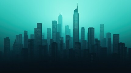 Obraz premium A moody, silhouette-style cityscape with skyscrapers under a teal and dark gradient background, creating a mysterious urban atmosphere.