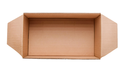empty open cardboard box top view isolated background, brown corrugated shipping container packaging for storage and transport
