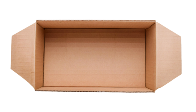 empty open cardboard box top view isolated background, brown corrugated shipping container packaging for storage and transport
