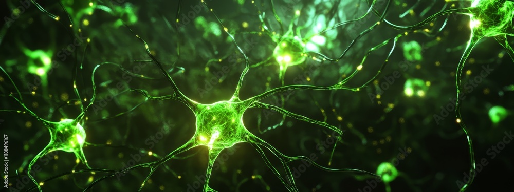Poster Microscopic view of glowing green neurons with intricate network connections.
