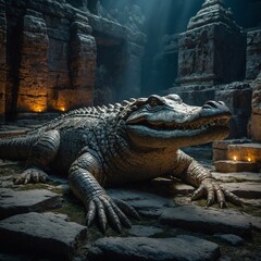 An ancient alligator carved from stone, resting amid floating ruins and glowing glyphs.