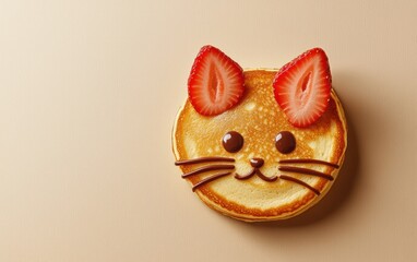 Fototapeta premium A pancake shaped as a cat, with strawberry slices for ears and chocolate syrup for whiskers on a pastel beige backdrop