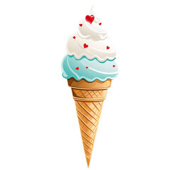 Sweet Ice Cream Treat: A delectable double scoop ice cream cone, featuring creamy vanilla and refreshing mint ice cream, adorned with tiny red hearts, promises a delightful summer treat.