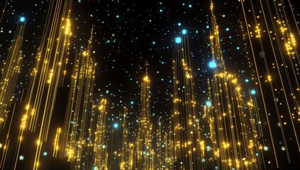 Golden and blue light streaks, particles, and sparkles falling on black background.