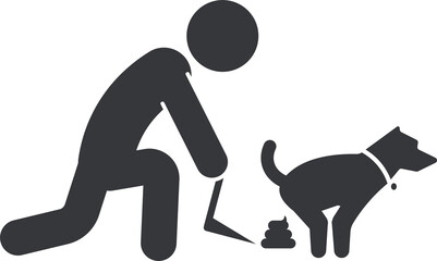 Isolated pictogram of a person scooping and cleaning up dog poop, designed for park signage