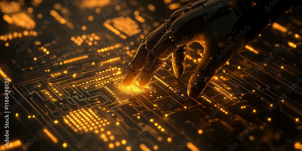 Aufkleber Robotic hand interacting with glowing circuit board.