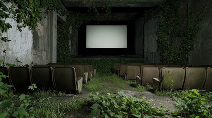 An abandoned cinema overtaken by nature, showcasing empty seats and walls covered in greenery, with a blank screen in front.