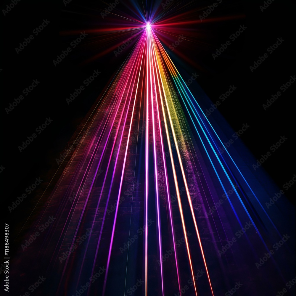 Poster rainbow laser beams expanding from a single bright source creating a colorful light spectrum on a da