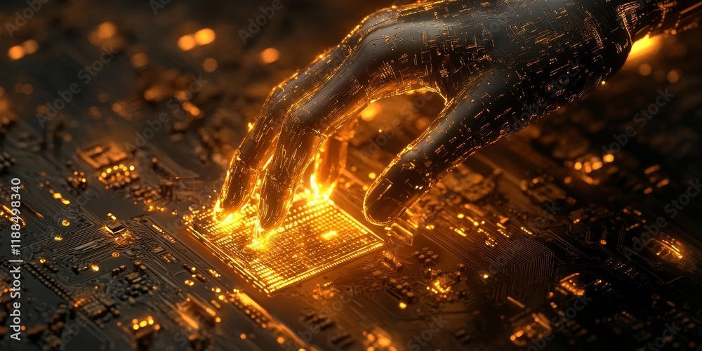 Aufkleber Robotic hand installing glowing CPU chip on circuit board.