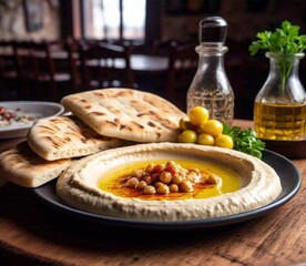 Hummus served with olive oil, paprika, and warm pita bread