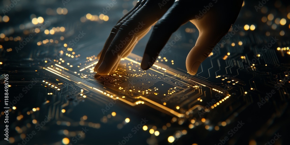 Poster hand interacting with glowing circuit board.