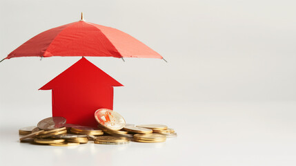 Family Protection and Financial Security Symbolized by Red House Model on Gold Coins with Umbrella, Connoting Home Insurance Concept