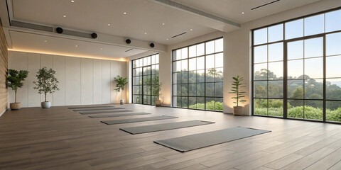 A Serene Empty Modern Yoga Room with Pilates Flooring for Mindfulness