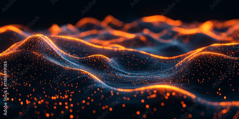 Poster abstract glowing particle wave landscape.