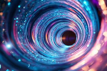 Vibrant swirling tunnel of light and colorful reflections in abstract design, cosmic spiral, swirl
