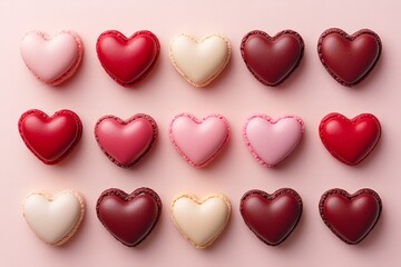 Fototapeta premium A flat lay of heart-shaped macarons in various shadeson red and pink tones 