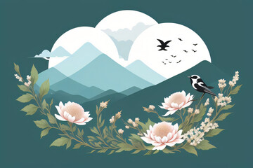 Fototapeta premium A scenic landscape with flowers in the mountains, birds flying, and a beautiful sky with clouds, ocean waves, and a sunny atmosphere Perfect for summer travel and nature illustration