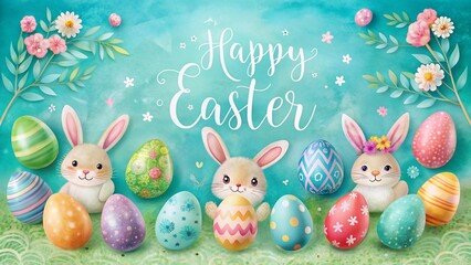 Obraz premium Watercolor Easter Scene with Eggs and Bunnies. Perfect for: Easter, Watercolor art, Spring