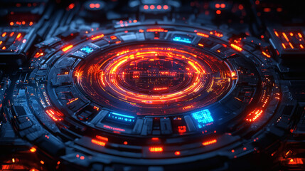 Cybernetic Core: Glowing with intense orange and blue energy, a futuristic, intricate cybernetic core pulsates with technological power.