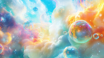 A dreamlike sky filled with abstract cloud formations, glowing orbs and fantastical star clusters, surrounded by cascading auroras. The ethereal colors blend smoothly yet stand out sharply against a p