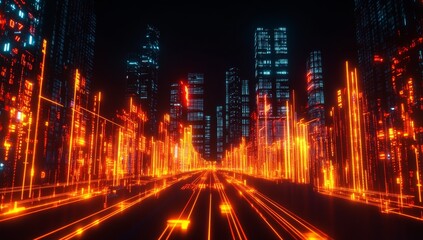 Fototapeta premium Futuristic city streets at night with glowing digital lines and skyscrapers.