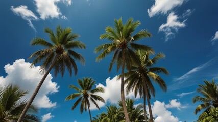 Obraz premium Green palm trees against blue sky and white clouds. Tropical jungle forest with bright blue sky, panoramic nature banner. Idyllic natural landscape, looking up, low point of view. Summer traveling