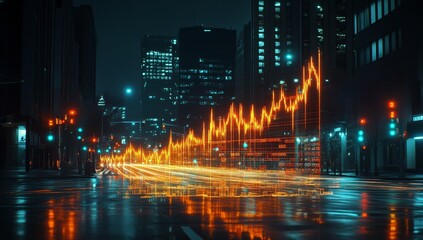 Fototapeta premium Night city street with glowing stock market graph overlay.