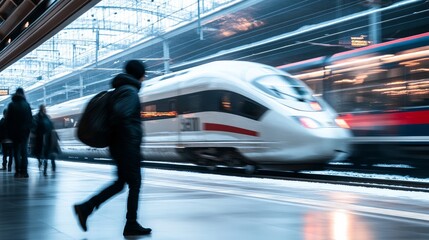 the high-speed train passes by. A man is walking forward on the platform with a bag on his back. 