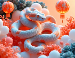 Elegant White Snake with Orange Accents Surrounded by Lanterns and Coral-Like Decor for Lunar New Year