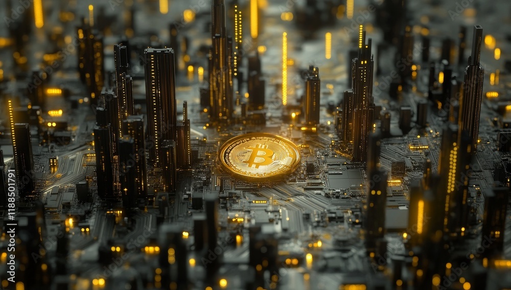 Poster futuristic city built on a circuit board with a central bitcoin.