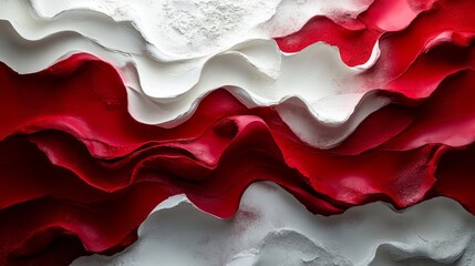 Abstract textured waves in deep crimson and chalky white paint create a dynamic and flowing pattern with an artistic flair