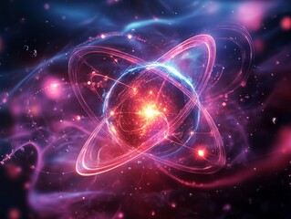 Fototapeta premium Futuristic glowing atom rotating in colorful nebula cloud