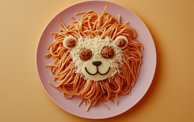 A plate of spaghetti styled as a lion, with meatballs for the face and shredded cheese for the mane on a pastel orange surface
