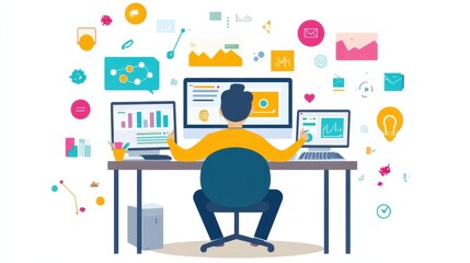 A person working on digital marketing strategies using multiple devices in a stylish office