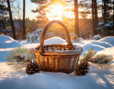Winter Sunset Scene Wicker Basket, Pine Cones, and Evergreen Branches